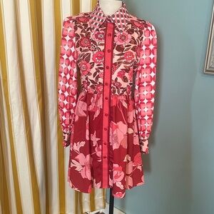 Floral Long Sleeve Dress - Red and Pink